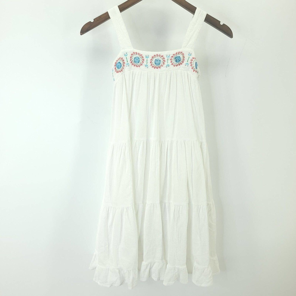 Mini Boden Dress Girls 9 - 10 White Cotton Strappy Tiered Beaded Embroidered